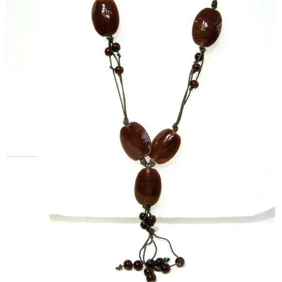 Chocolate Brown Striped Agate Tassel Casual BOHO style Drop Necklace 24 inch - Picture 2 of 3